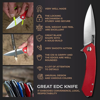 Firebird GANZO Adimanti Skimen Pocket Folding Knife G10 Handle with Clip and Glass Breaker D2 Steel Blade Hunting Fishing Camping Outdoor EDC Knife (Red)