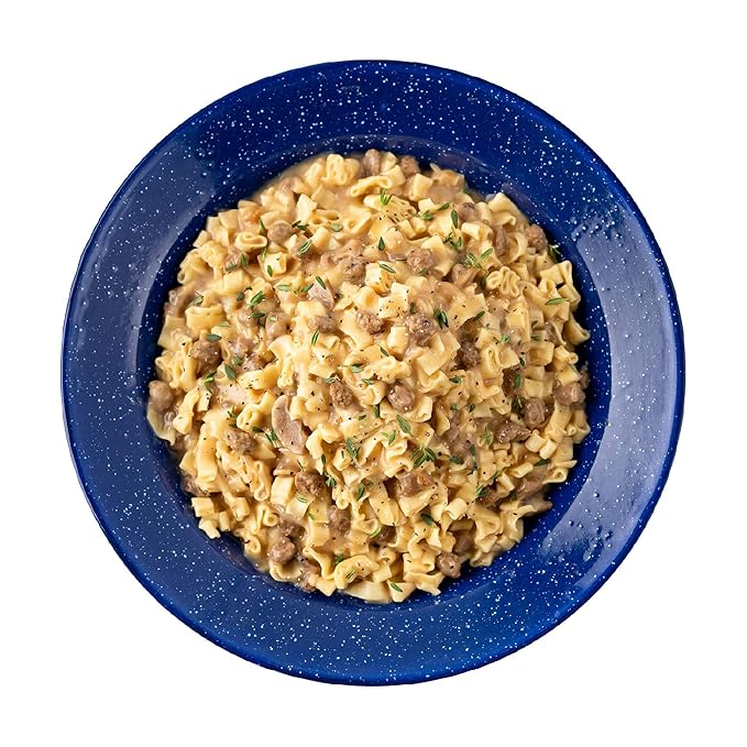 Mountain House Veggie Chorizo Breakfast Scramble 2-Servings & Beef Stroganoff with Noodles 2 Servings Freeze-Dried Backpacking & Camping Food Bundle