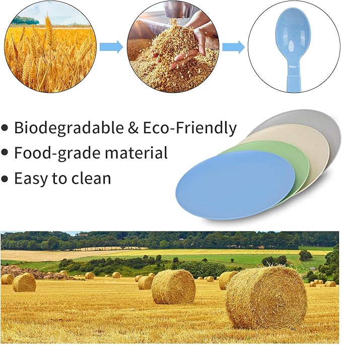 Wheat Straw Dinnerware Sets for 6, 31 Piece Unbreakable Outdoor Cutlery Set. Reusable plates and cups set for camping, picnics, RV trips, and party grills. (Blue)