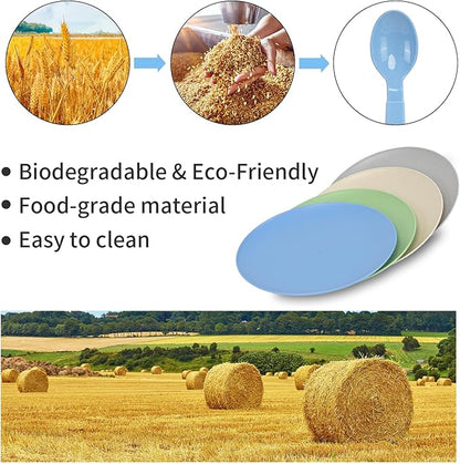 Wheat Straw Dinnerware Sets for 6, 31 Piece Unbreakable Outdoor Cutlery Set. Reusable plates and cups set for camping, picnics, RV trips, and party grills. (Blue)