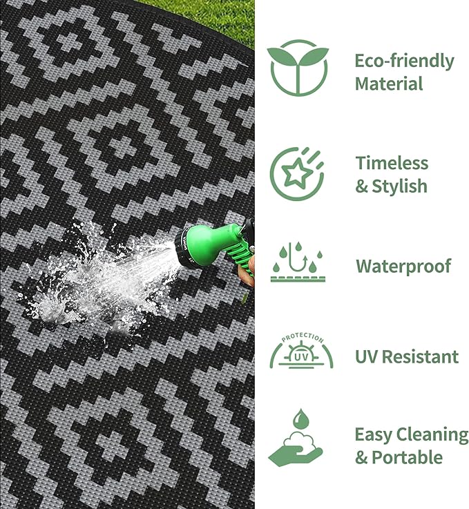 GENIMO 10' Round Outdoor Rug for Patios Clearance, Reversible Plastic Straw Rugs, RV Camping Mat for Camper, Balcony, Backyard, Picnic, Deck, Black & Gray