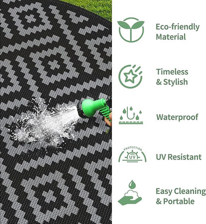 GENIMO 10' Round Outdoor Rug for Patios Clearance, Reversible Plastic Straw Rugs, RV Camping Mat for Camper, Balcony, Backyard, Picnic, Deck, Black & Gray