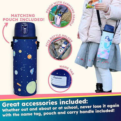 Stainless Steel Water Bottle Kids 12 oz With Carrying Pouch| Insulated Water Bottle For Kid, Toddler, Boys or Teen | Leakproof, BPA-Free | Little Metal Tumbler for School, Galaxy Space For Boy