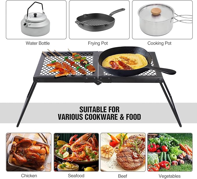 REDCAMP Folding Campfire Grill Heavy Duty Steel Grate, Portable Camp Fire Cooking Rack Over Fire Pit with Carrying Bag for Outdoor BBQ Camping
