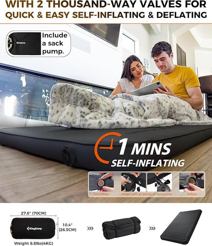 KingCamp Self Inflating Sleeping Pad for Camping Ultra Thick Double Single Foam Mattress High R Value Camping Air Pad Mat, Multi Colors & Sizes