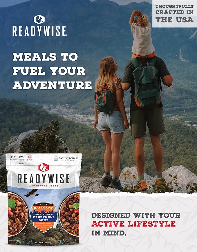 READYWISE - Adventure Meal, Bean & Vegetable Soup, 2 Servings, Pack of 1, Emergency Preparedness, Freeze Dried Food, MRE, Snack Pack or Emergency Food, Backpacking, Camping, Hiking, and, Survival Food