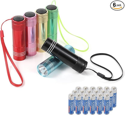 6 Pack Mini Flashlight Set, Aluminum LED Handheld Torches with Lanyard, Assorted Colors, Batteries Included for Party Favors, Night Reading, Camping, Power Outage (Style 1, 6)