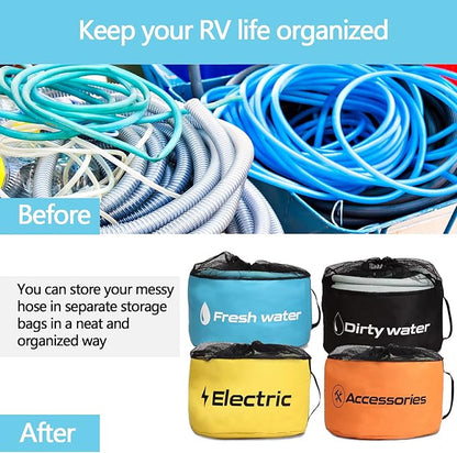 RV Hose Storage of 4 Pack, RV Accessories Storage Bag with 4 Storage Straps for Sewer Hoses/Fresh Water Hoses/Electrical Cords/Camper Tools Accessories