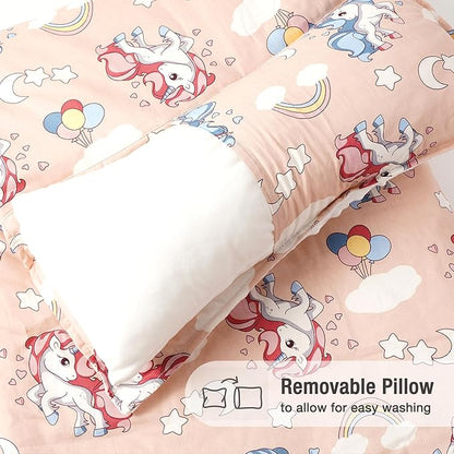 Bunnikins & Clover Toddler Nap Mat with Removable Pillow, Nap Mats for Preschool, Easy Clean Toddler Nap Pad for Kindergarten, Kids Sleeping Bag for Travel Camping