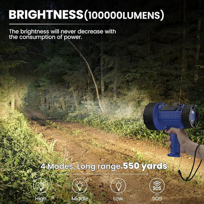 Rechargeable Spotlight, Handheld Spotlight with COB Light Source, IPX6 Waterproof &100000 Lumen LED, 10000mAh 20 Hour StandbyImpact Resistant Handheld Spotlight(Champagne)