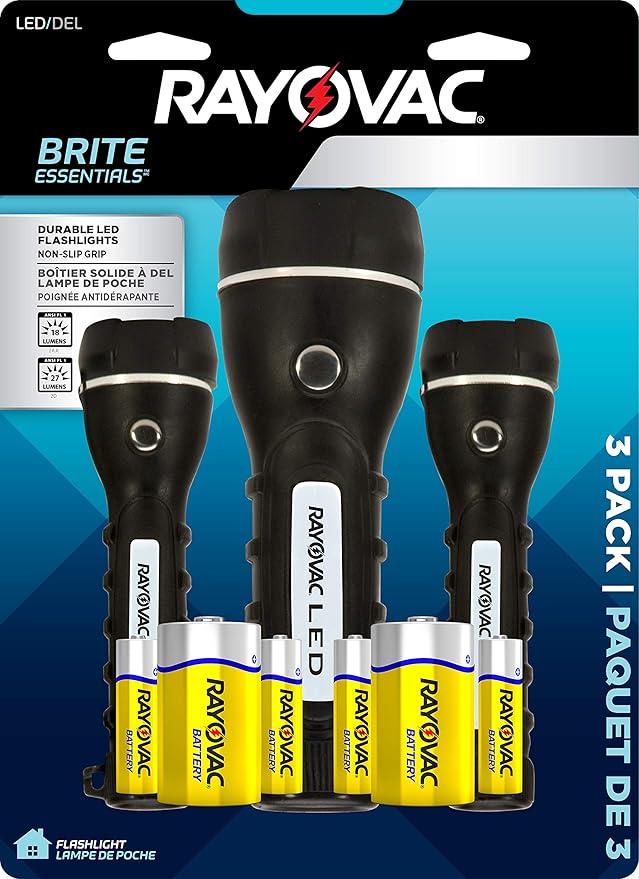 Rayovac LED Flashlight 3 Pack, Rubber Grip Flash Light Set with Batteries Included - Perfect for Power Outages, Emergency Situations, Camping, Hiking, Dog Walking (3 Pack)