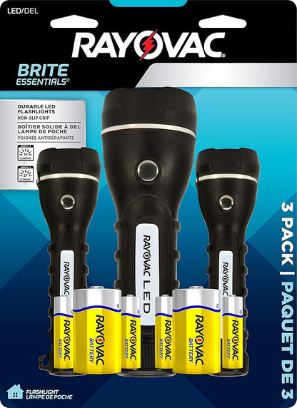 Rayovac LED Flashlight 3 Pack, Rubber Grip Flash Light Set with Batteries Included - Perfect for Power Outages, Emergency Situations, Camping, Hiking, Dog Walking (3 Pack)