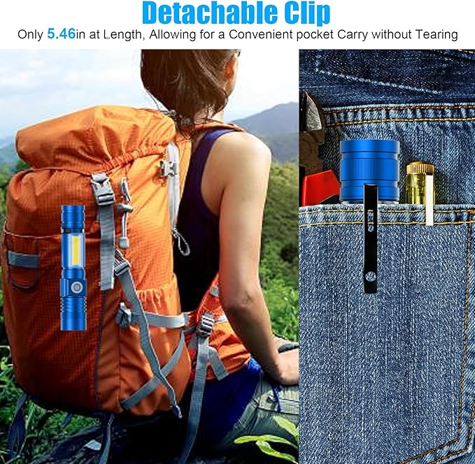 Flashlight USB Rechargeable, Magnetic LED Flashlight, Super Bright LED Tactical Flashlight with Cob Sidelight, 2000LM, Waterproof, Zoomable Best Small LED Flashlight for Camping, Emergency - Blue