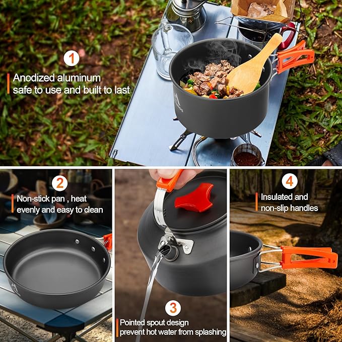 17pcs Camping Cookware Mess Kit, Non-Stick Pot Pan 1.1L Kettle Set with 2 set Stainless Steel Cups Plates Forks Knives Spoons for Hiking,Camping,Backpacking,Outdoor Cooking and Picnic