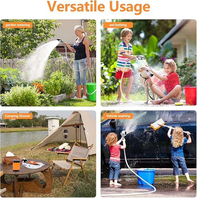 Portable Camping Shower, Camping Shower Pump, 3 Flow Modes, 6000mAh Battery-Powered, Smart Digital Display Intelligent Temperature Measurement, Suitable for Hiking, Traveling, Laundry, Pet Bath