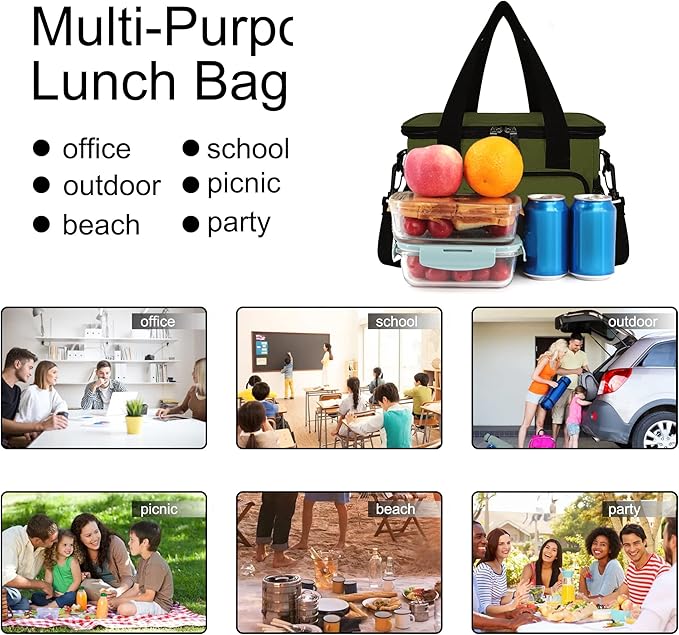 Femuar Lunch Bags for Women/Men, Insulated Lunch Bag for Work Office Picnic - Large Lunch Cooler Bag Leakproof Lunch Box with Adjustable Shoulder Strap for Adults - Army Green