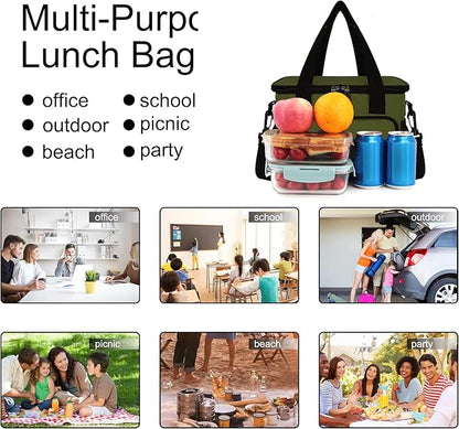 Femuar Lunch Bags for Women/Men, Insulated Lunch Bag for Work Office Picnic - Large Lunch Cooler Bag Leakproof Lunch Box with Adjustable Shoulder Strap for Adults - Army Green