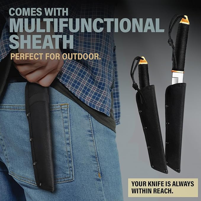 Tanto Camping Knife with Sheath - 3+ Colors - 5.9" Fixed Full Tang Mirror Polished Blade - Cool Survival Knives with Black Paracord Handle - Tactical Work Knives for Hunting Hiking EDC 2307 Silver