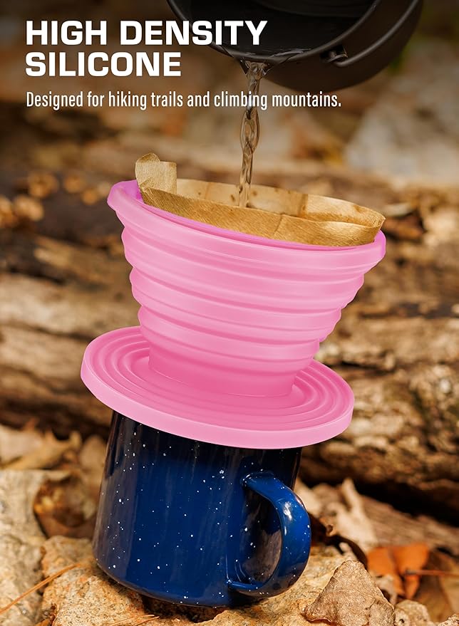 COLETTI Sierra Collapsible Coffee Pour Over Dripper — Camping Coffee Filter — Includes Pack of Paper Filters (Pink)