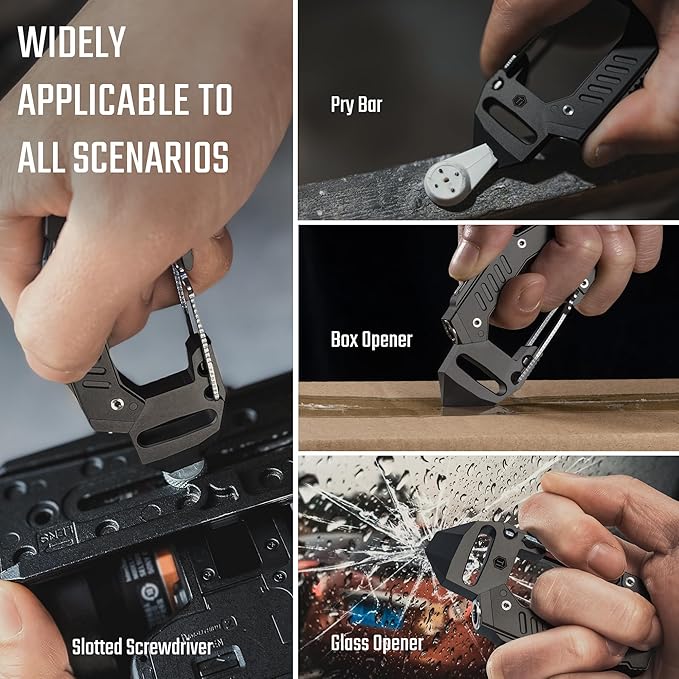 KeyUnity KF02 Titanium Multitool Carabiner Clip, 7 in 1 Multifunctional Keychain Flashlight for Camping, Hiking & Outdoor Activities