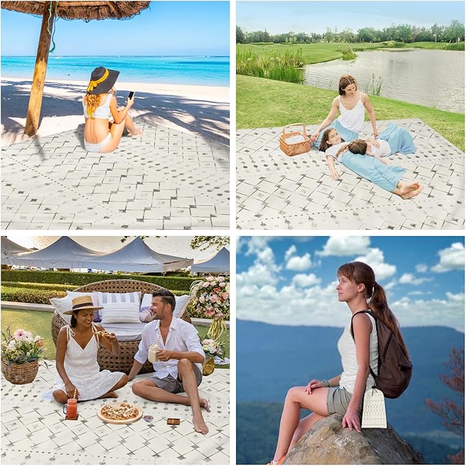 Beach Blanket Sandproof, Beach Mat Sand Free Waterproof, Large Picnic Blanket for 2-4 Adult, Lightweight Quick Drying & Compact Polyester Outdoor Blanket, Beach Essentials Must Have Accesorries