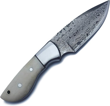 Handmade Damascus Steel Fixed Blade Bowie Knife Ideal for Edc,Fishing,Hunting,Camping,Bushcrafting Skinning and Survival with Full Tang Camel Bone Handle with Cowhide-Leather Sheath-DCX17-7