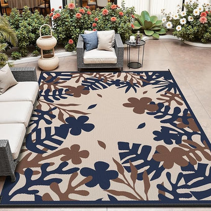 MontVoo Outdoor Rug Waterproof 6x9 ft RV Outdoor Rug for Camping Picnic Mat Outdoor Patio Rug Carpet Plastic Straw Reversible Floral Navy Orange
