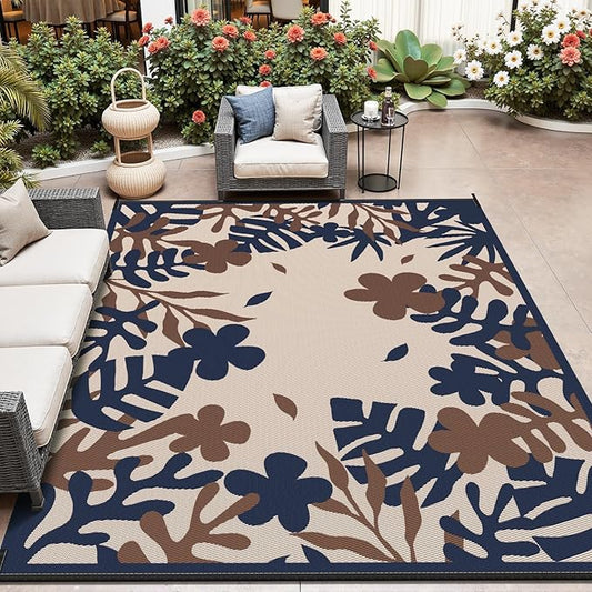 MontVoo Outdoor Rug Waterproof 5x8 ft RV Outdoor Rug for Camping Picnic Mat Outdoor Patio Rug Carpet Plastic Straw Reversible Floral Navy Orange