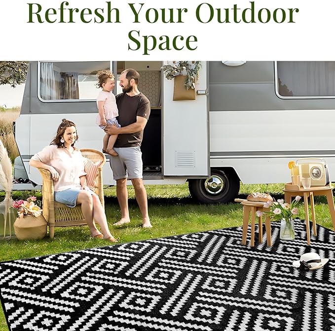 OPPODREAM Outdoor Rug 8x10 Patio Waterproof, Large Outdoor Plastic Straw Rug, Reversible Out Door Carpet for Camping, Deck, Rv, 8 x 10 Area Carpet for Balcony, Porch, Backyard, Black and White