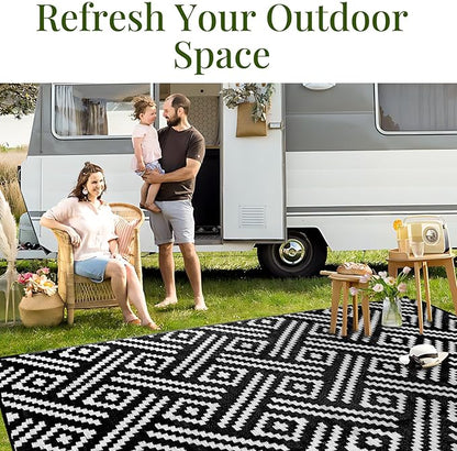 OPPODREAM Outdoor Rug 8x10 Patio Waterproof, Large Outdoor Plastic Straw Rug, Reversible Out Door Carpet for Camping, Deck, Rv, 8 x 10 Area Carpet for Balcony, Porch, Backyard, Black and White