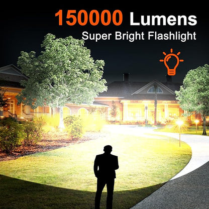 Rechargeable Flashlights, High Lumen Super Bright 150000 Lumens, LED Flashlight with 5 Modes, IP55 Waterproof, Powerful Handheld Flashlight for Camping, Hiking, Emergency
