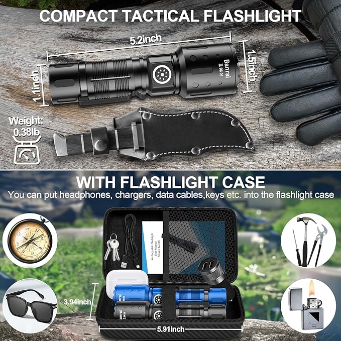 Rechargeable Flashlights 20,000 High Lumens, 1500M Long Throw Super Bright LED Small Powerful Flashlight with Memory Function, 6Modes Pocket Waterproof Flash Light for Camping,Hiking (2, Black/Blue)