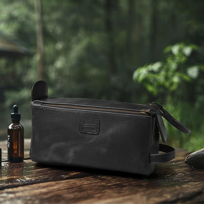 LEATHER VILLAGE Premium Leather Travel Toiletry Bag - Unisex Water-Resistant Travel Dopp Kit, Shaving & Cosmetic Organizer for Men & Women - Compact Bathroom Essentials - Distressed Black