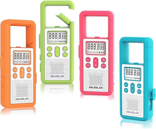 Long Range Rechargeable Walkie Talkie 4-Pack with FM/NOAA, Weather Alert, LED Flashlight, USB Rechargeable, Bright Colors, Adjustable Volume, Ideal for Camping Survival (Rose Blue Green Orange)