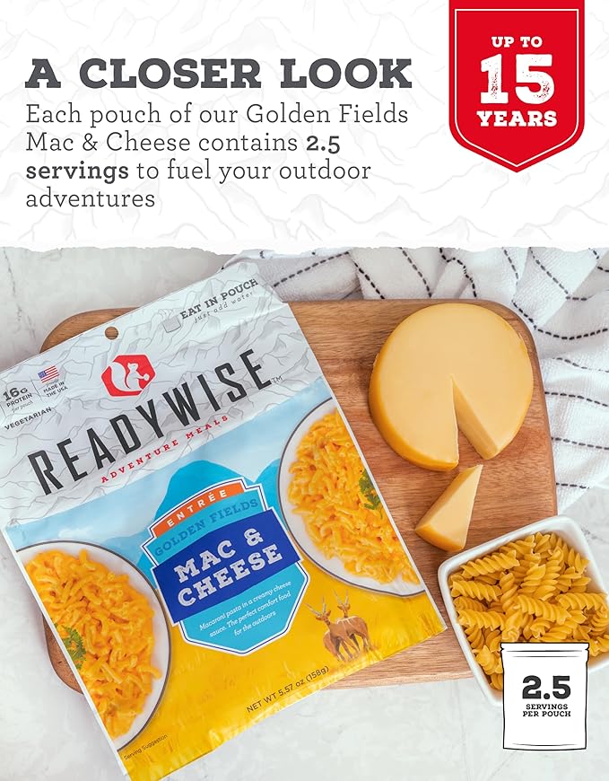 READYWISE - Adventure Meal, Mac & Cheese, 2 Servings, Pack of 1, Emergency Preparedness, Freeze Dried Food, MRE, Snack Pack or Emergency Food, Backpacking, Camping, Hiking, and, Survival Food
