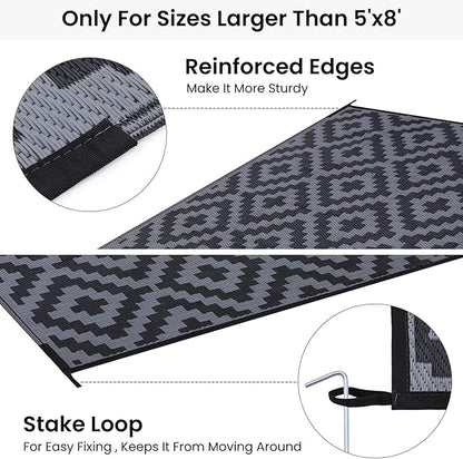 Smiry Waterproof Outdoor Rug 6x9 ft, Reversible Plastic Straw Patio Camping Rugs, Outdoor Indoor RV Mat Carpet for Patio, Outside Entry, Backyard, Deck, Bench, Picnic, Camper, Black & Grey