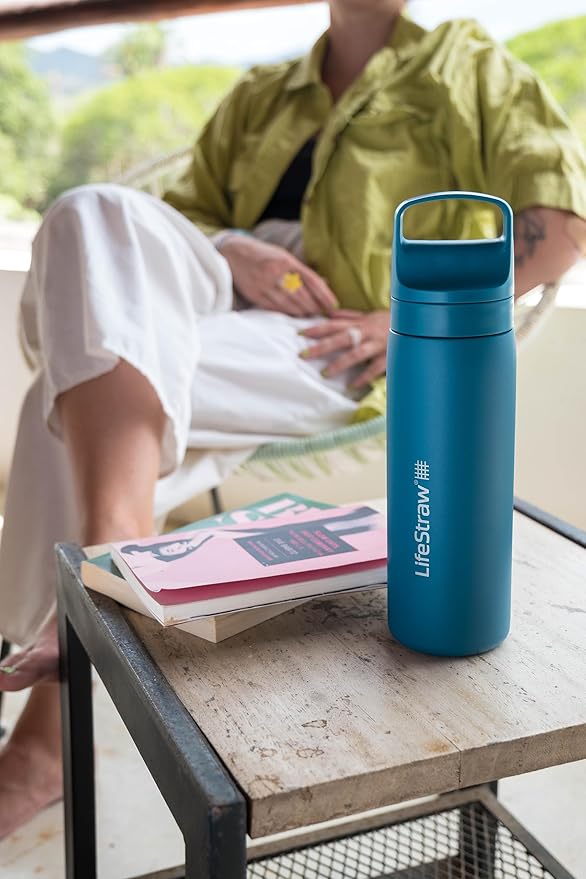 LifeStraw Go Series – Double Wall BPA-Free Vacuum Insulated 18 oz Stainless Steel Water Filter Bottle for travel and everyday use; Laguna Teal