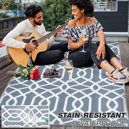 wikiwiki Outdoor Rug, 9x18ft Waterproof Reversible Mat Indoor Outdoor Rugs Carpet, Small Area Rug Plastic Straw Rug for Patio Deck Balcony Pool RV Camping Beach Picnic, Grey, Rugscape Series