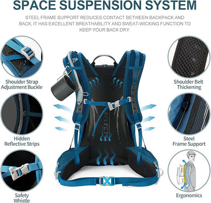 Hiking Backpack,35L Waterproof Hiking Daypack with 3L Water Bladder and Rain Cover, Lightweight Travel Camping Backpack for Men Women (Blue)