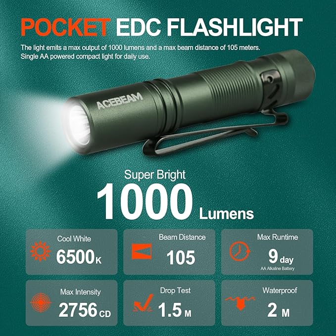ACEBEAM Pokelit AA Rechargeable Mini Flashlight with Clip, 1000 High Lumens Pocket EDC Flashlight, Super Bright Small Flashlight, Led Flashlight for Camping,Hiking,Everyday Use, Cool White Light