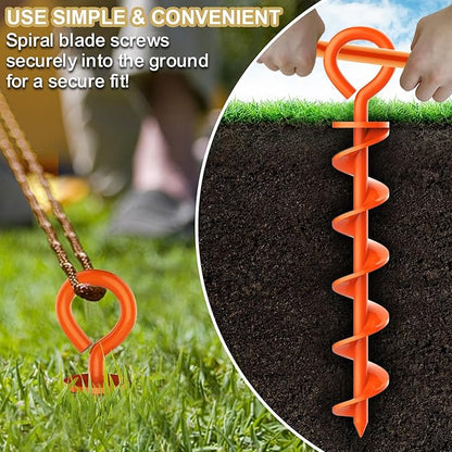 Eurmax USA Canopy Tent Stakes Dog Tie Out Stakes Corkscrew Shape Steel Trampoline Stakes with Iron Rod Installation Tool & 4 Wind Ropes - Set of 4 (Orange)
