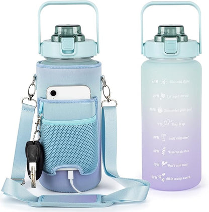64oz Half Gallon Water Bottle With Sleeve, Water Bottles with Time Marker/Straw/Chug One Lids, Leakproof Tritan BPA Free Reusable Water Jug Easy Carry for Adult and Kids Gym Sports Outdoors