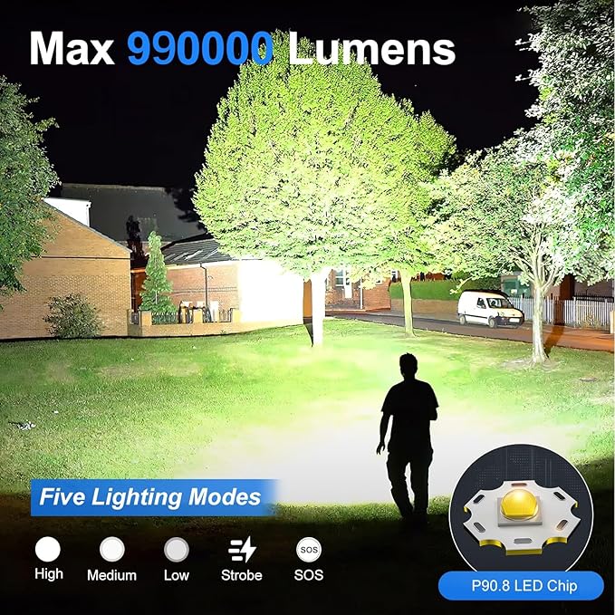 Flashlights High Lumens Rechargeable, 990000 Lumens Super Bright Flash Light High Powered Tactical Flashlight, 5 Modes IPX6 Waterproof, LED Powerful Flashlights for Emergency Camping