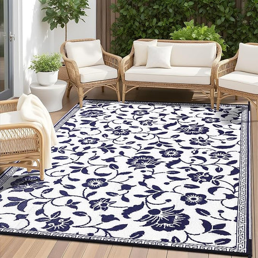 OLANLY Waterproof Outdoor Rug 8x10 ft, Outdoor Plastic Straw Rug with Flower Pattern, Reversible RV Mat for Patio, Camping, Balcony, Deck, Backyard, Navy & White