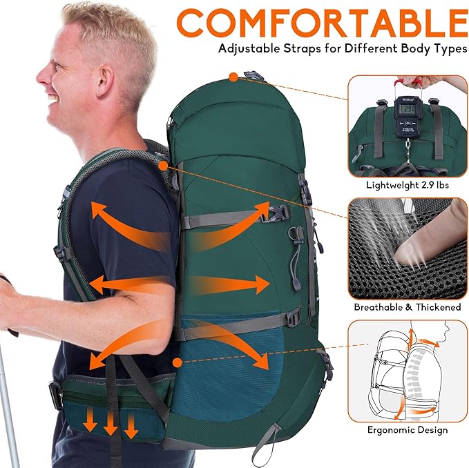 N NEVO RHINO Waterproof Hiking Backpack 50L/60L, Camping Backpack with Rain Cover, Hiking Travel Mountaineering Backpack