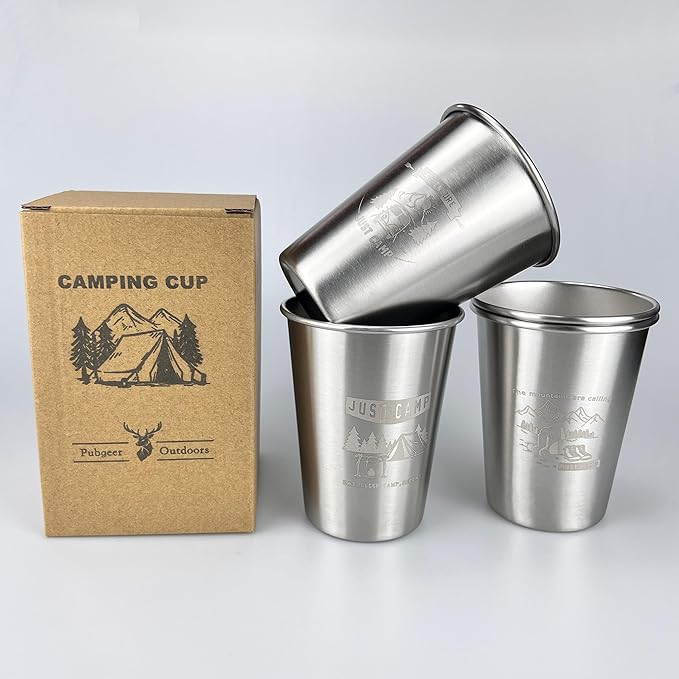 Camping Cups 11 oz (4 Pack) - Stackable Stainless Steel Tumblers | Metal Drinking Glasses | Great for Kids, Hiking, Camping, and Picnics | Unique Gifts (silver)