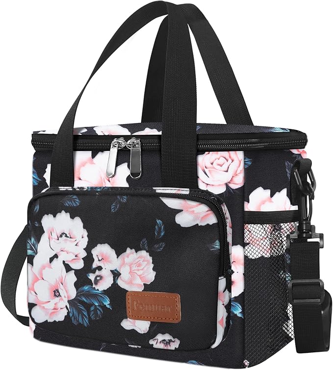Femuar Lunch Bags for Women/Men, Insulated Lunch Bag for Work Office - Lunch Cooler Bag Leakproof Lunch Box with Adjustable Shoulder Strap - Pink flower