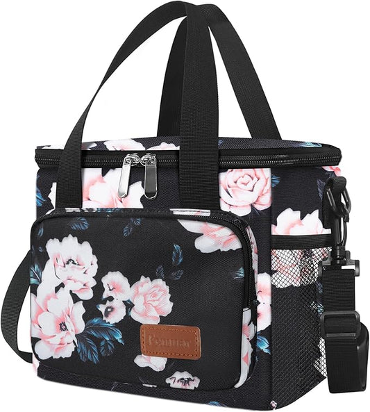 Femuar Lunch Bags for Women/Men, Insulated Lunch Bag for Work Office - Lunch Cooler Bag Leakproof Lunch Box with Adjustable Shoulder Strap - Pink flower