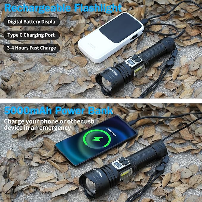 Flashlight High Lumens,280000LM LED Flashlight,XHP160.6 Super Bright Tactical Flashlight,COB Light,5000 mAh Rechargeable Battery, Digital Battery Display, IPX5 Waterproof,USB-C Charging