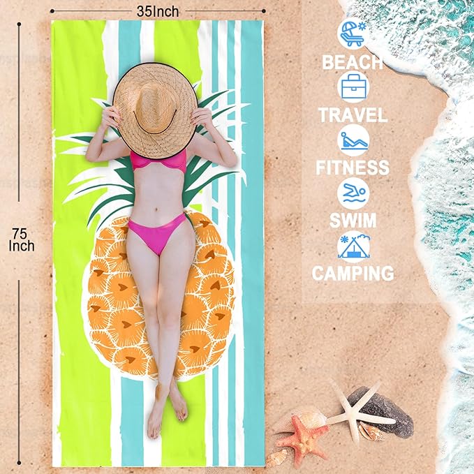 Bnuitland Pineapple Pattern Beach Towel (35X75 inches), Oversized Quick Drying Absorbent Sand Free, Cute Towels for Travel Swimming Pool Picnic, 88% Polyester and 12% Polyamide,Yellow
